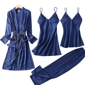 New 4 Pieces Women Pajamas Sets Faux Silk Pajamas Sleepwear Lace Pajamas Women With breast pad Solid Color Nightdress Robe Sets
New 4 Pieces Women Pajamas Sets Faux Silk Pajamas Sleepwear Lace Pajamas Women With breast pad Solid Color Nightdress Robe Sets