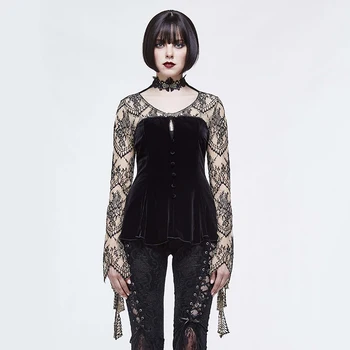 

Sexy Tops Women Colder Shoulder See Through Flared Sleeve with Lace Choker Crew Neck Velvet Patchwork Single Breasted
