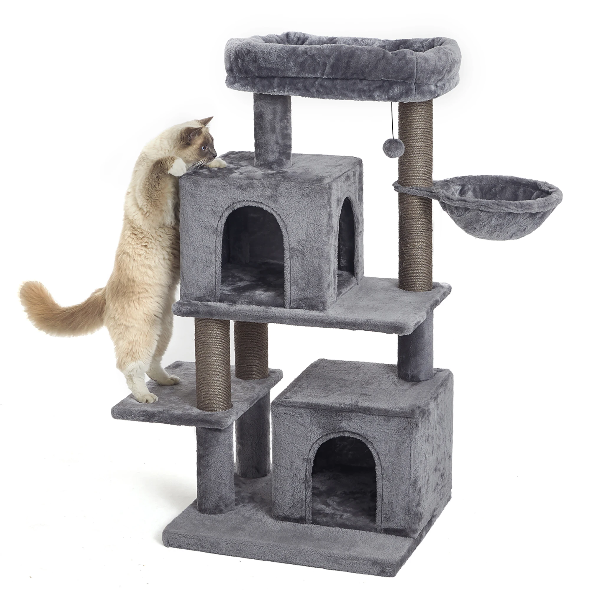 

45 Inches Multi-Level Cat Tree with Sisal-Covered Scratching Posts, Replaceable Dangling Ball, Hammock and Condo for Large Cats