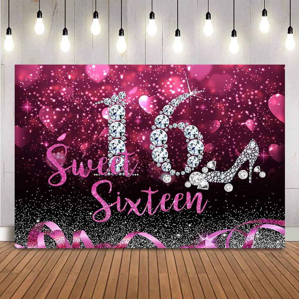 

Sweet Sixteen Birthday Backdrop 16th Diamonds girls birthday party decoration Pink Bokeh Glitter Photo Background Studio Props