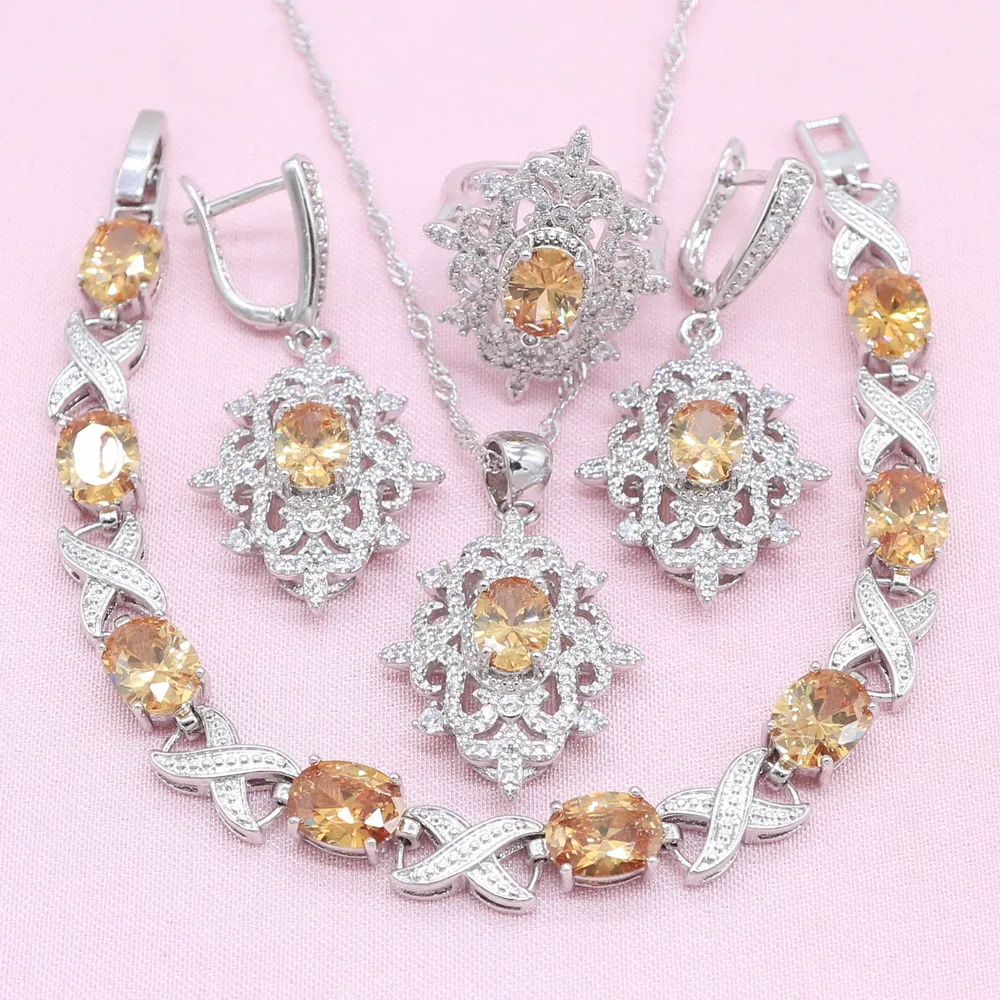 

New Arrivals Champagne Semi-precious 925 Silver Jewelry Sets Women Bracelet Earrings Necklace Pendant Ring Wedding Jewelry