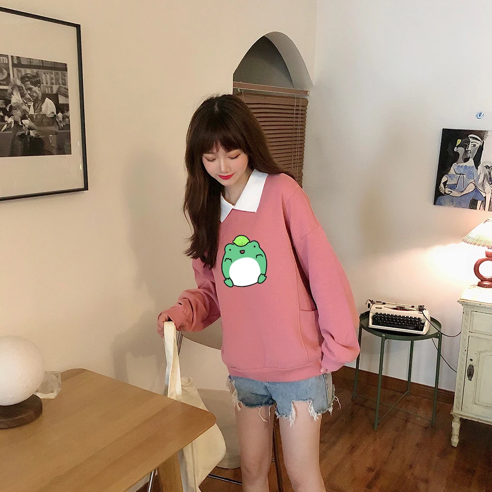 Pullover Sweatshirt with Collar Autumn Loose Fit Women Fashion Hoodies Long Sleeve Cotton Hoodie Cartoon Frog Printing Woman
Pullover Sweatshirt with Collar Autumn Loose Fit Women Fashion Hoodies Long Sleeve Cotton Hoodie Cartoon Frog Printing Woman