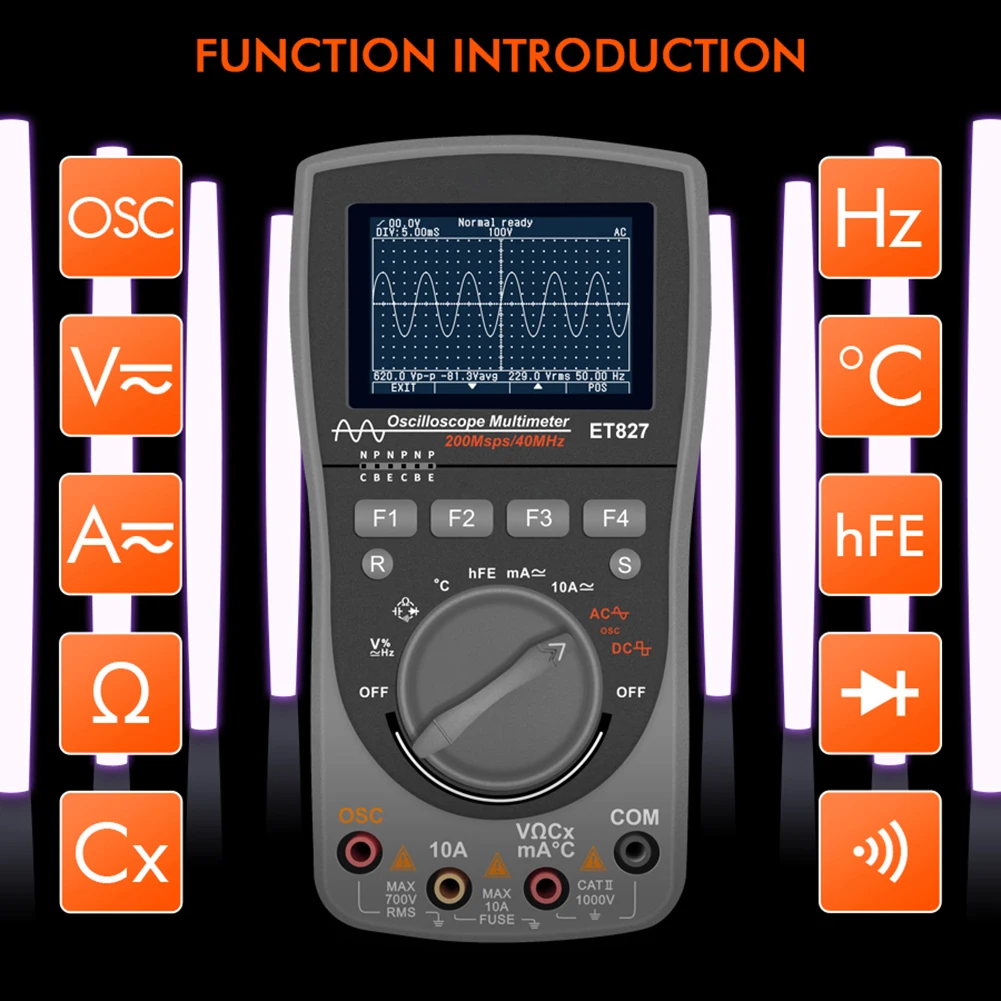 2 In 1 Portable Multimeter Digital Oscilloscope Intelligent Measurement 200Msps 200MS/S Sampling Rate 40MHZ Bandwidth ET827
2 In 1 Portable Multimeter Digital Oscilloscope Intelligent Measurement 200Msps 200MS/S Sampling Rate 40MHZ Bandwidth ET827