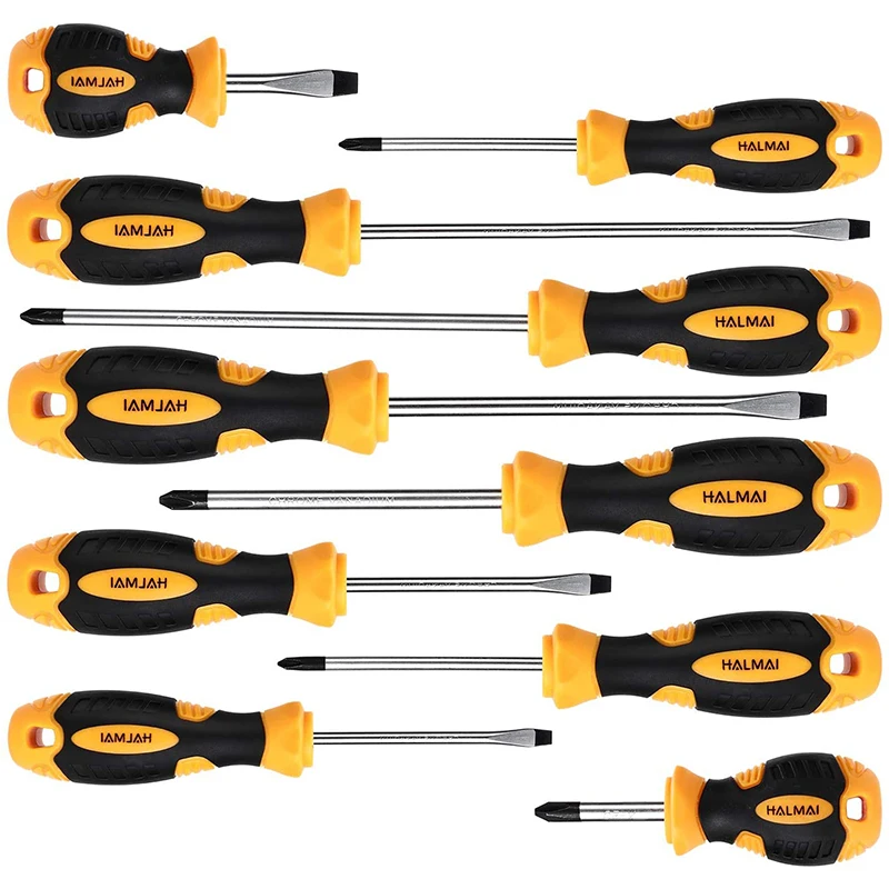 Magnetic Screwdriver Set, HALMAI 10 pcs Screwdriver Kit 5 Phillips and 5 Flat Head Tips Non-Slip Handle Slotted for Home Repair
Magnetic Screwdriver Set, HALMAI 10 pcs Screwdriver Kit 5 Phillips and 5 Flat Head Tips Non-Slip Handle Slotted for Home Repair