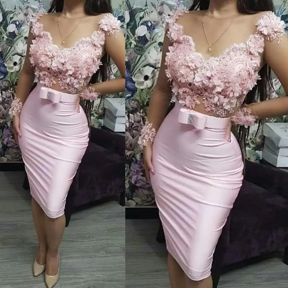 Pink Short Evening Dresses Saudi Arabic Lace Appliques Beaded 3D Flowers Sheath Illusion Party Dress Robe De Soiree
Pink Short Evening Dresses Saudi Arabic Lace Appliques Beaded 3D Flowers Sheath Illusion Party Dress Robe De Soiree