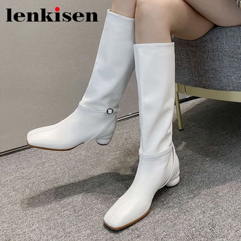 

Lenkisen square toe strange med heel special design winter shoes keep warm mature young lady elegant thigh knee-high boots L31