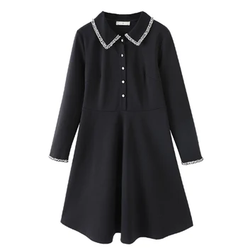 EC.MS Black Dress Girl Women A Line Pearl Buttons Silver Collar L 5XL Office Lady Dresses 
EC.MS Black Dress Girl Women A Line Pearl Buttons Silver Collar L 5XL Office Lady Dresses