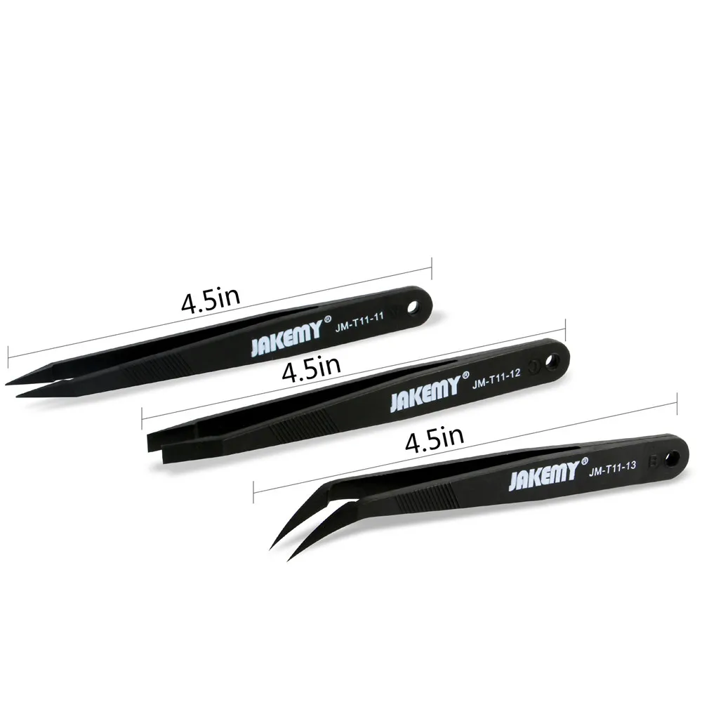JAKEMY JM-T11 3in1 Anti-static Tweezers Kit Heat Resistant Flat Pointed Curved Tweezer Set for iPhone Samsung Laptop PCB Repair
JAKEMY JM-T11 3in1 Anti-static Tweezers Kit Heat Resistant Flat Pointed Curved Tweezer Set for iPhone Samsung Laptop PCB Repair
