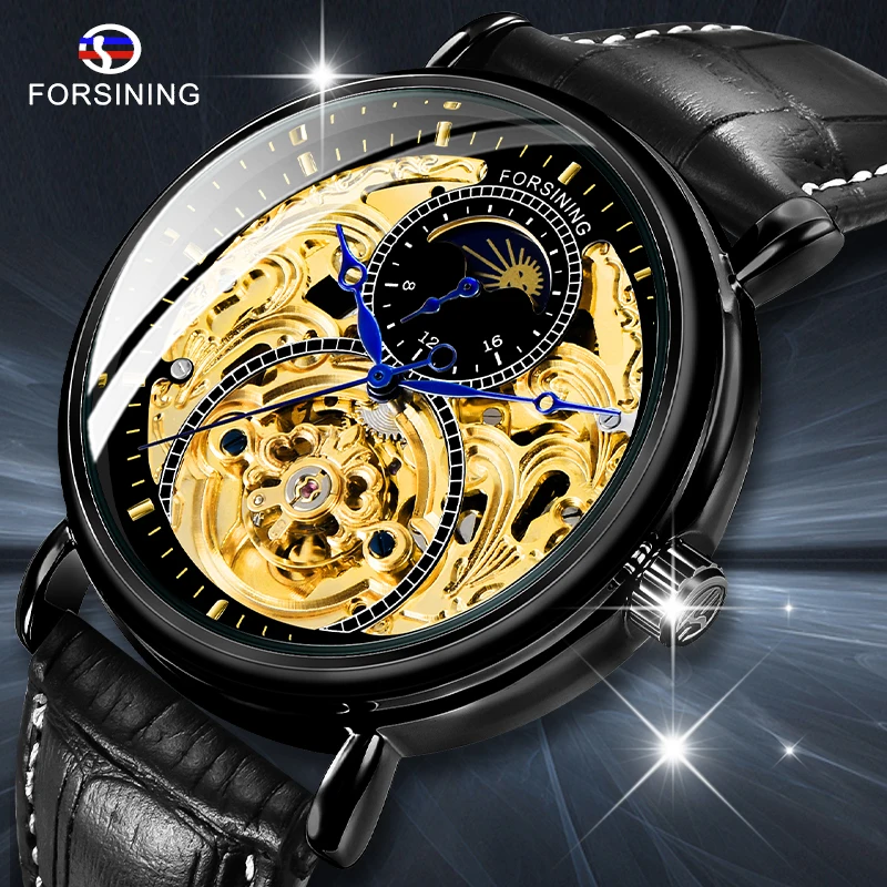 

Forsining Black Golden Clock Fashion Blue Hands Moonphase Men Automatic Watch Genuine Leather Strap Waterproof Relogio Masculino