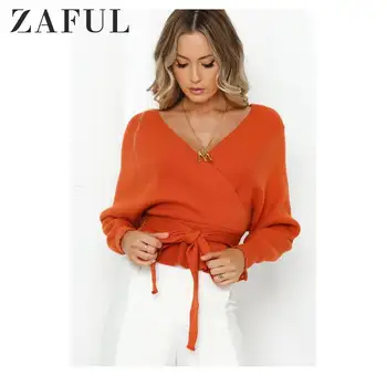 

ZAFUL Autumn Plunging Low Cut Batwing Sleeve Peplum Belted Sweater Deep V Tie Loose Solid Sashes Pullovers Ladies Tops Daily