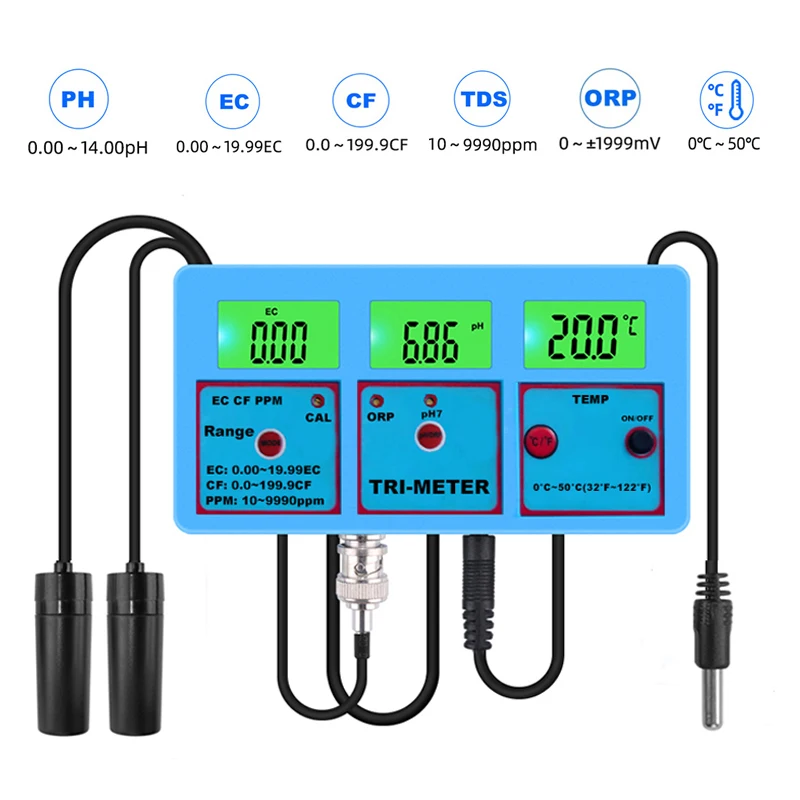 

6 in 1 PH EC CF TDS ORP TEMP Meter Monitor Aquarium Hydroponics Water Quality Analyzer Acidimeter Conductivity PPM Radox Tester