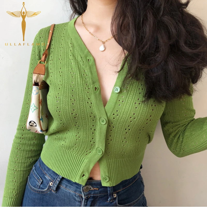 Women Solid Sweater Hollow Button Cardigans Casual Long Sleeve See Tops Through Cropped Knitted Sweaters Female Korean Clothing
Women Solid Sweater Hollow Button Cardigans Casual Long Sleeve See Tops Through Cropped Knitted Sweaters Female Korean Clothing
