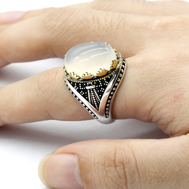 

925 sterling silver ring men's white agate stone ring vice stone spinel men's high jewelry