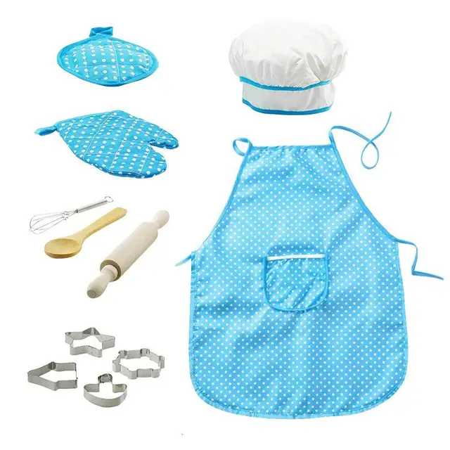Ensemble de cuisine et de cuisson pour enfants, tablier pour petites filles, chapeau de chef, mitaine et ustensiles pour tout-petits, jouets de maison de jeu, costume de chef 2