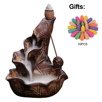 

Ceramic Incense Burner Backflow Cones Sticks Holder Porcelain Lotus Pond Censer Home Decor with 10 Backflow Incense Cones