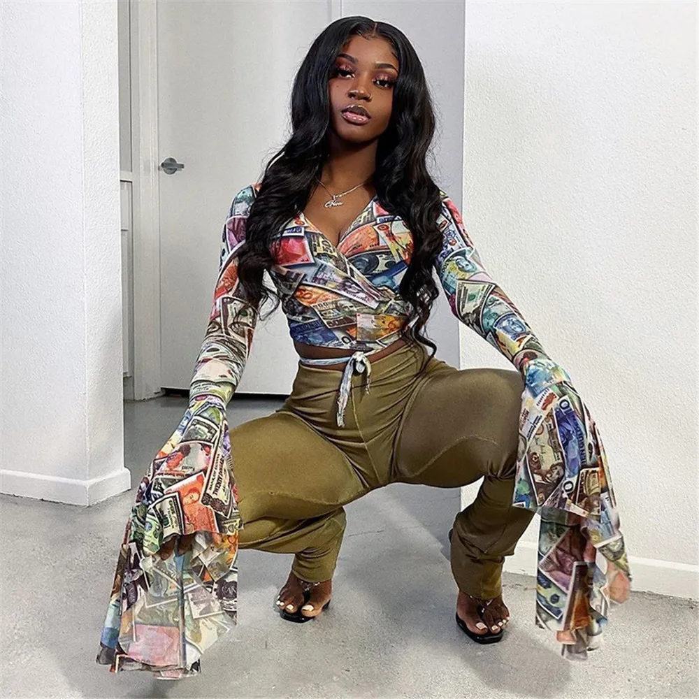 Women Sexy V-Neck Crop Top Multicolor Dollar Bill Printed Pattern Flared Sleeves T-Shirt Ladies Female Clothing Spring
Women Sexy V-Neck Crop Top Multicolor Dollar Bill Printed Pattern Flared Sleeves T-Shirt Ladies Female Clothing Spring