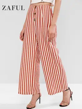 

ZAFUL 2019 Women's Pants Stripes Buttoned Trousers High Waisted Wide Leg Pant For Women