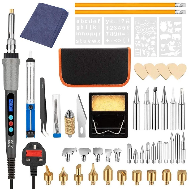 Soldering Iron Kit,61PCS LCD Display Adjustable Temperature Welding Tool 60W Wood Burning Pyrography Pen Kit,US Plug
Soldering Iron Kit,61PCS LCD Display Adjustable Temperature Welding Tool 60W Wood Burning Pyrography Pen Kit,US Plug