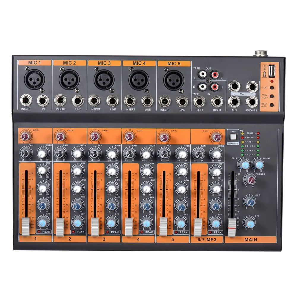 Portable 7-Channel Mic Line Audio Mixer Mixing Console 3-band EQ USB Interface 48V Phantom Power with Power Adapter
Portable 7-Channel Mic Line Audio Mixer Mixing Console 3-band EQ USB Interface 48V Phantom Power with Power Adapter