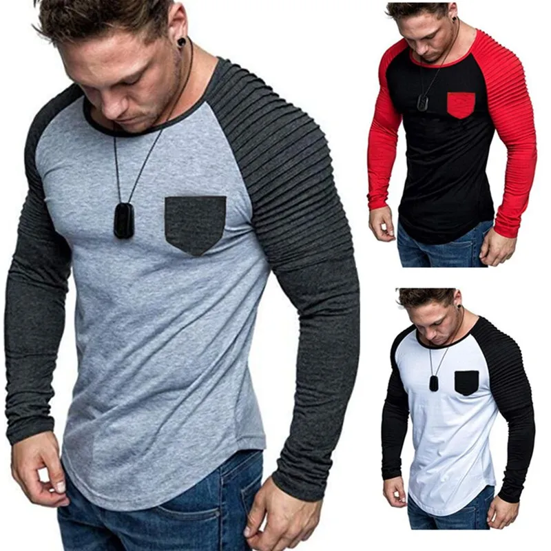 Men's casual contrast color long sleeve t shirt European and American style stripes matching color pocket slim t shirt men's t 
Men's casual contrast color long sleeve t shirt European and American style stripes matching color pocket slim t shirt men's t