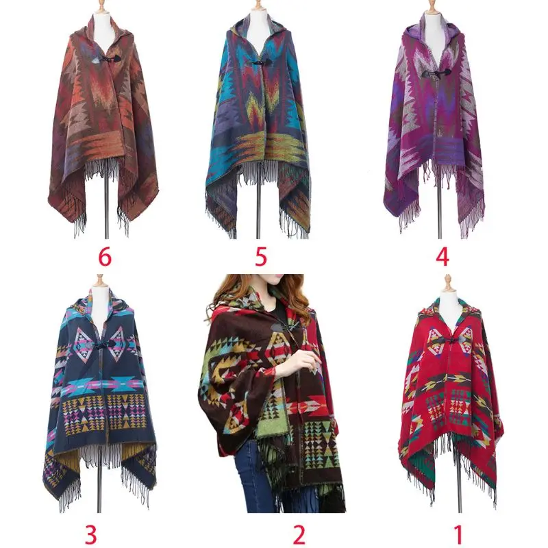 

Women Bohemian Ethnic Hooded Poncho Fringe Tassels Shawl Cape Colorful Geometric Patterns Loose Cloak Scarf Vintage Sweater Card