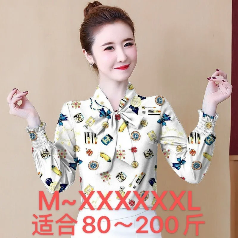 

2022Women Fashion Printing Jacket Fat MM New Long-Sleeved Shirt Female Western-Style Bow Tie Loose Chiffon Top Pullover A1124