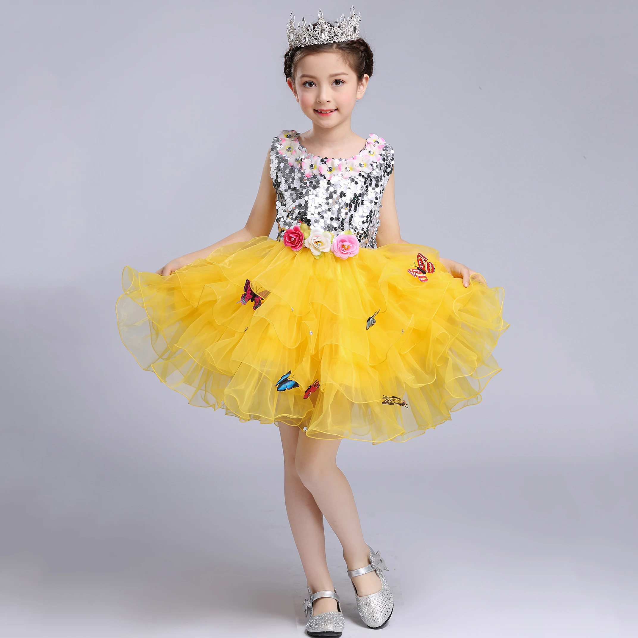 

Beading Rose Cupcake Lovely Yellow Children Wedding Ball Gown Flower Little Girls Party Pageant Dresses Glitz with Butterflies