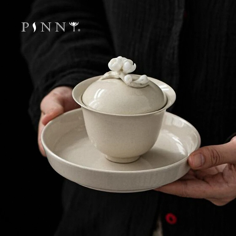 

PINNY 150ML Retro Plant Ash Glaze Ceramic Gaiwan Hand Made Plum Blossom Chinese Kung Fu Tea Service Pigmented Drinkware