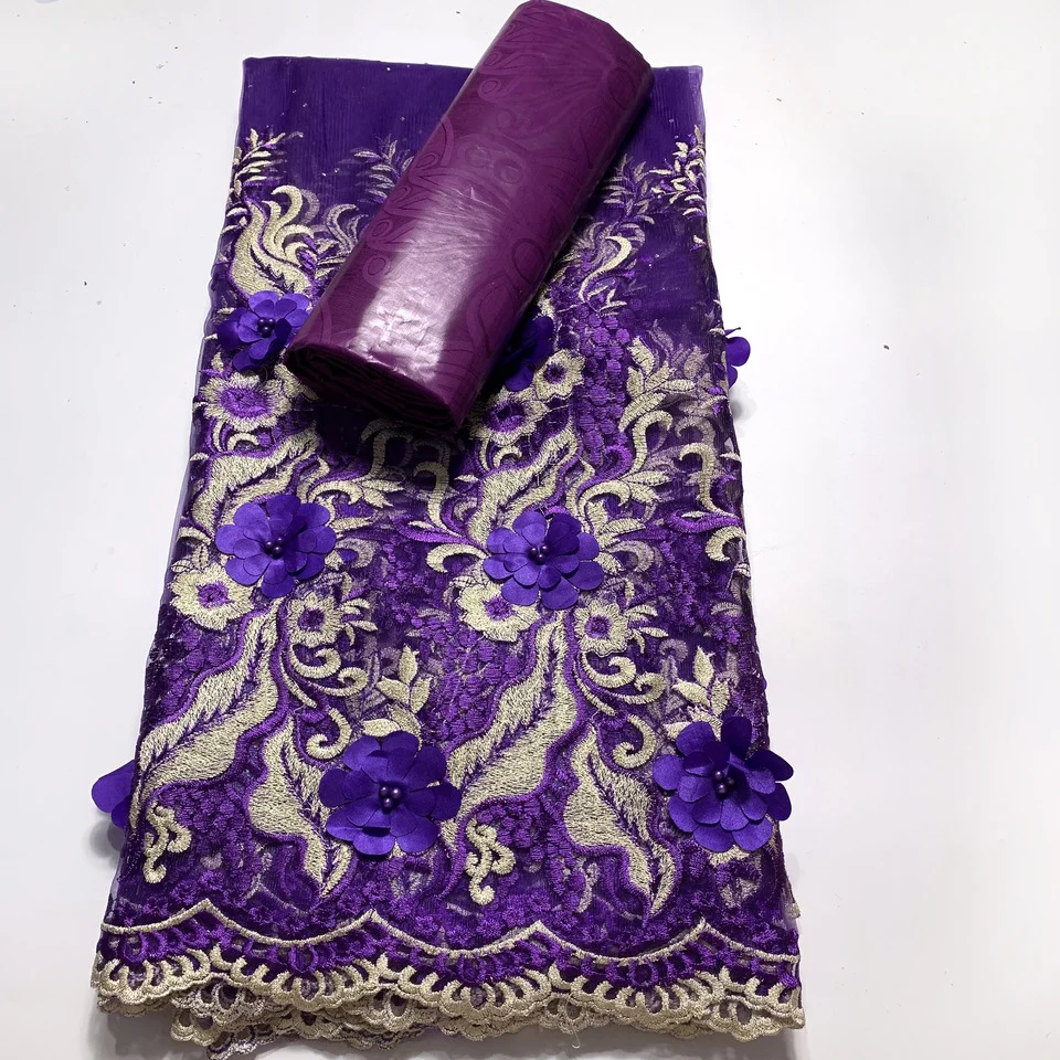 

2,5 + 2,5 ярдов фиолетовая новая 3d африканская кружевная ткань 2022 Высококачественная вышивка нигерийская французская базиновая богатая ткань для свадебного платья