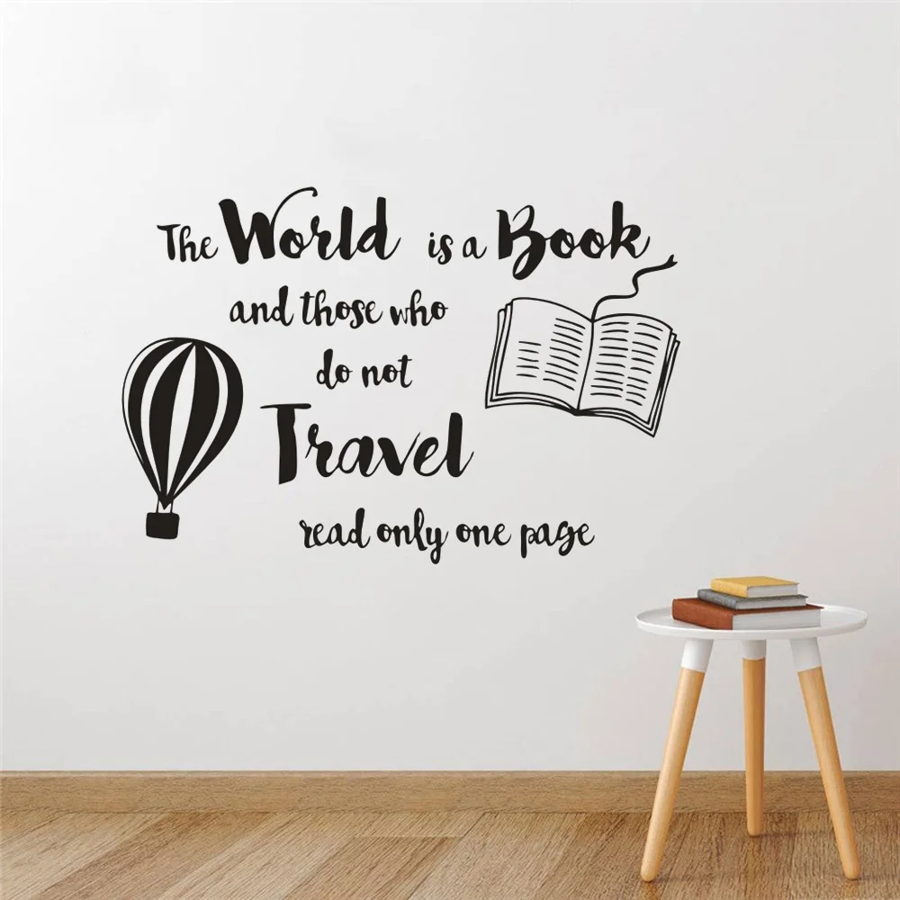 

Book Reading Wall Sticker World Is Book Quote Wall Decals Library Decor Hot Air Balloon Design Vinyl Wall Window Stickers