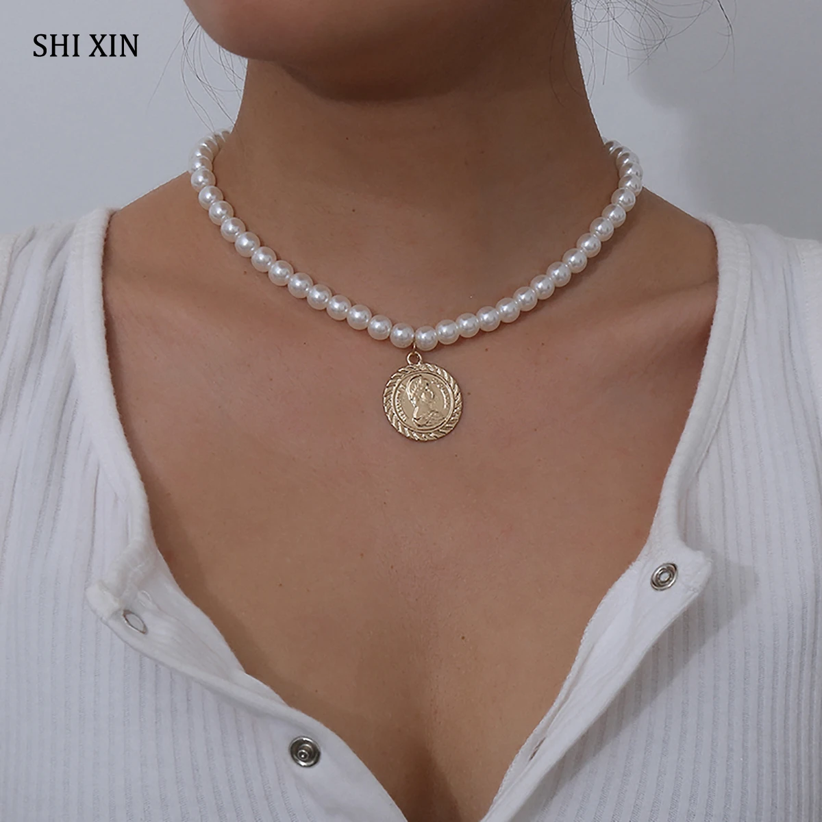 SHIXIN Charms Imitation Pearl Choker Necklace for Women Fashion Short Colar With Big Coin Pendants Necklaces 2020 Jewelry | Украшения и