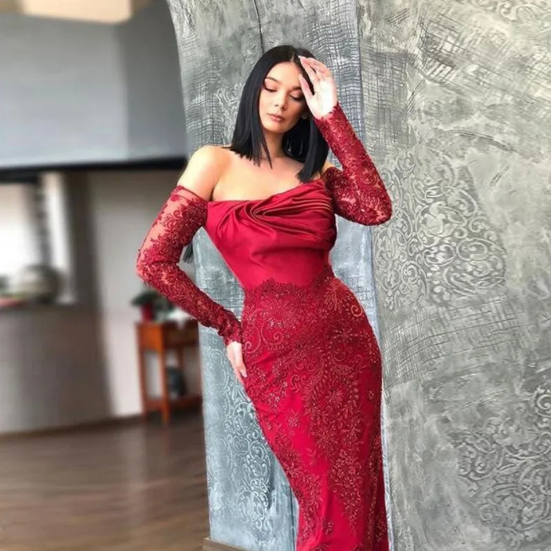 Dark Red Off The Shoulder Evening Gowns Lace Long Sleeves Ruffles Mermaid Prom Dresses Saudi Arabia Robe De Soiree Zipper Back
Dark Red Off The Shoulder Evening Gowns Lace Long Sleeves Ruffles Mermaid Prom Dresses Saudi Arabia Robe De Soiree Zipper Back