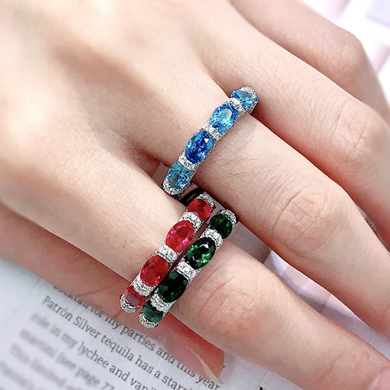 OEVAS 100% 925 Sterling Silver Sparkling Full High Carbon Diamond Synthetic Ruby Aquamarine Emerald Rings For Women Fine Jewelry