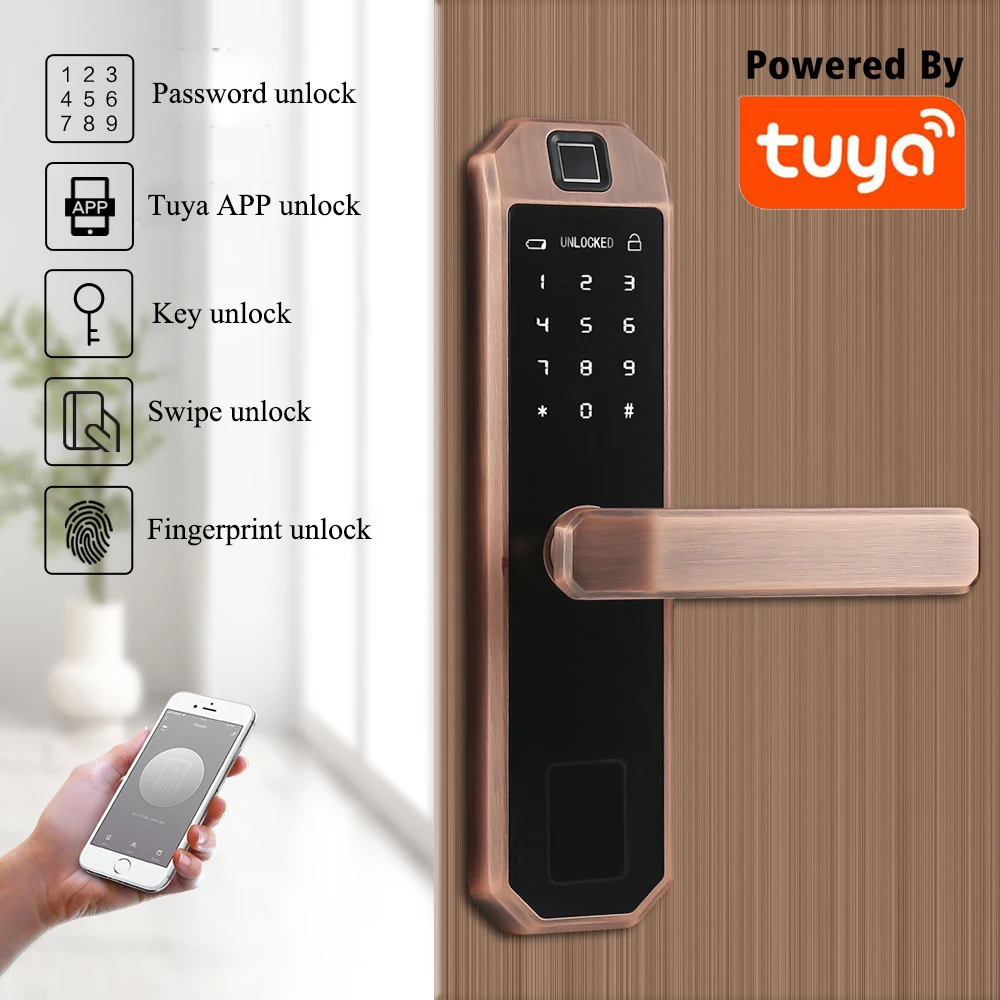 WIFI Smart Fingerprint Door Lock Smart Card Digital Code Electronic Door Lock Bluetooth Lock with Tuya Smart APP
WIFI Smart Fingerprint Door Lock Smart Card Digital Code Electronic Door Lock Bluetooth Lock with Tuya Smart APP
