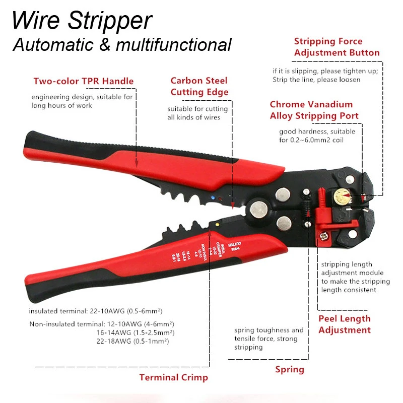 AWG22-10 Automatic Wire Stripper Clamp Adjustable Stripping Length Wire Cable Cutting Crimping Stripping Terminal 0.2-6mm Tool
AWG22-10 Automatic Wire Stripper Clamp Adjustable Stripping Length Wire Cable Cutting Crimping Stripping Terminal 0.2-6mm Tool