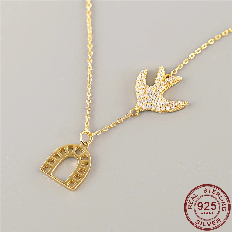 

Bird and Bird Cage Pendant Necklaces Peace Dove 925 Sterling Silver Clavicle Necklace Pigeon CZ Woman Fashion Gold Color Jewelry