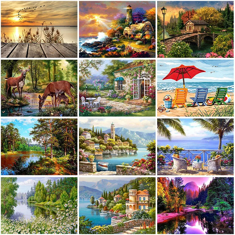 Natural Scenery DIY 5D Diamond Painting Full Round Resin Building Waterfall Embroidery Picture Rhinestone Home Decor | Дом и сад