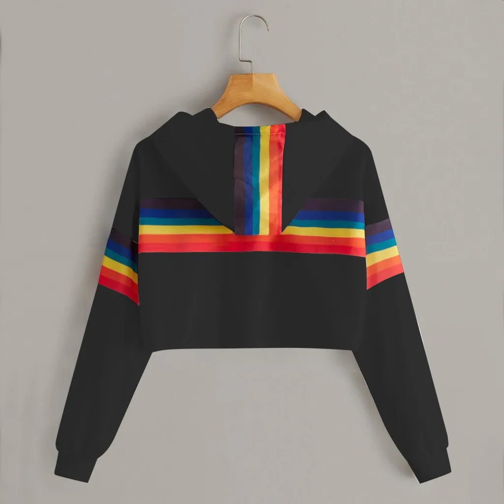 Jaycosin 2019 Fashion Autumn Women Rainbow Stripe Sweatshirt Stylish Long Sleeve Comfortable Female Casual Crop Blouse 930#10