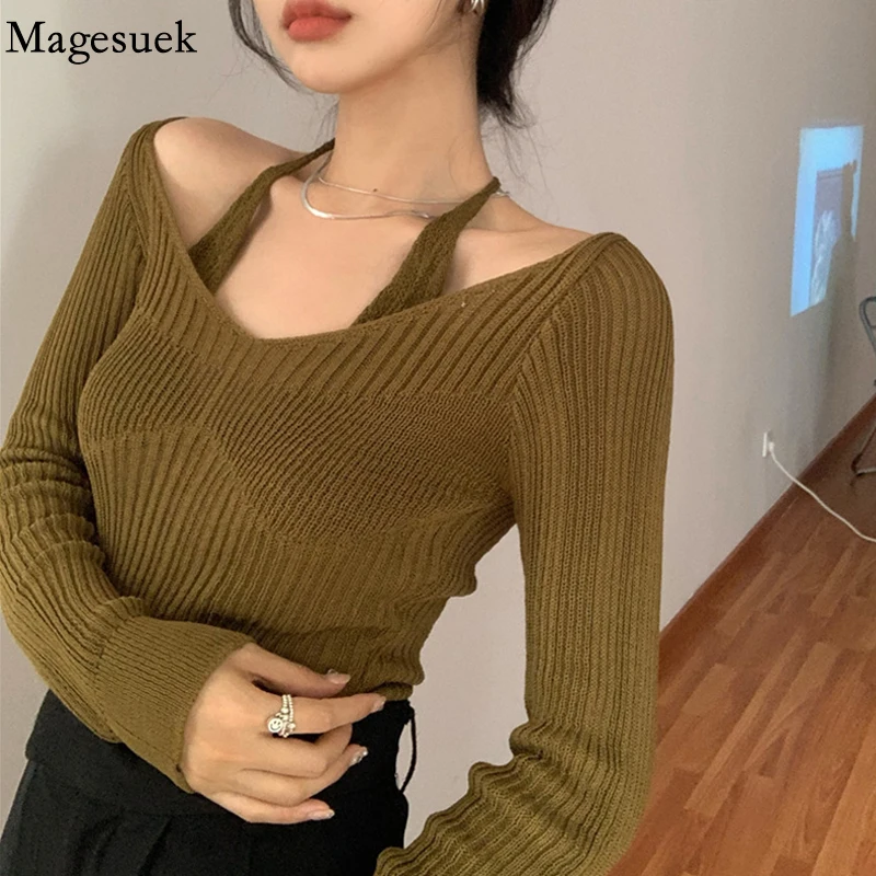 Имитация двух частей сексуальный белый свитер с лямкой на шее Женский Осенний элегантный свитер 2021 новые приталенные повседневные топы с длинным рукавом 17435 
Имитация двух частей сексуальный белый свитер с лямкой на шее Женский Осенний элегантный свитер 2021 новые приталенные повседневные топы с длинным рукавом 17435