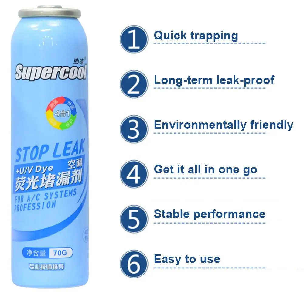 Professional Fix Air Conditioner Plugging Agent Air Conditioner Stop Leak with PAG Fluorescent Leak Detection R134A Refrigerant
Professional Fix Air Conditioner Plugging Agent Air Conditioner Stop Leak with PAG Fluorescent Leak Detection R134A Refrigerant