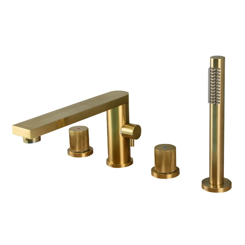 

Bathroom Bathtub Faucets Set Brass Sink Mixer Taps Hot & Cold Deck Mounted 2 Handle 4 Hole With Handheld Widespread Brushed Gold