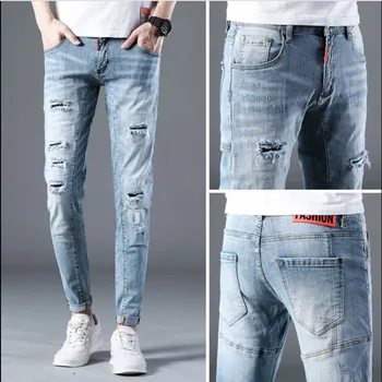 Spring elastic blue hole Slim trend jeans men's feet casual wild hole men's trousers men demin jeans ker001 
Spring elastic blue hole Slim trend jeans men's feet casual wild hole men's trousers men demin jeans ker001