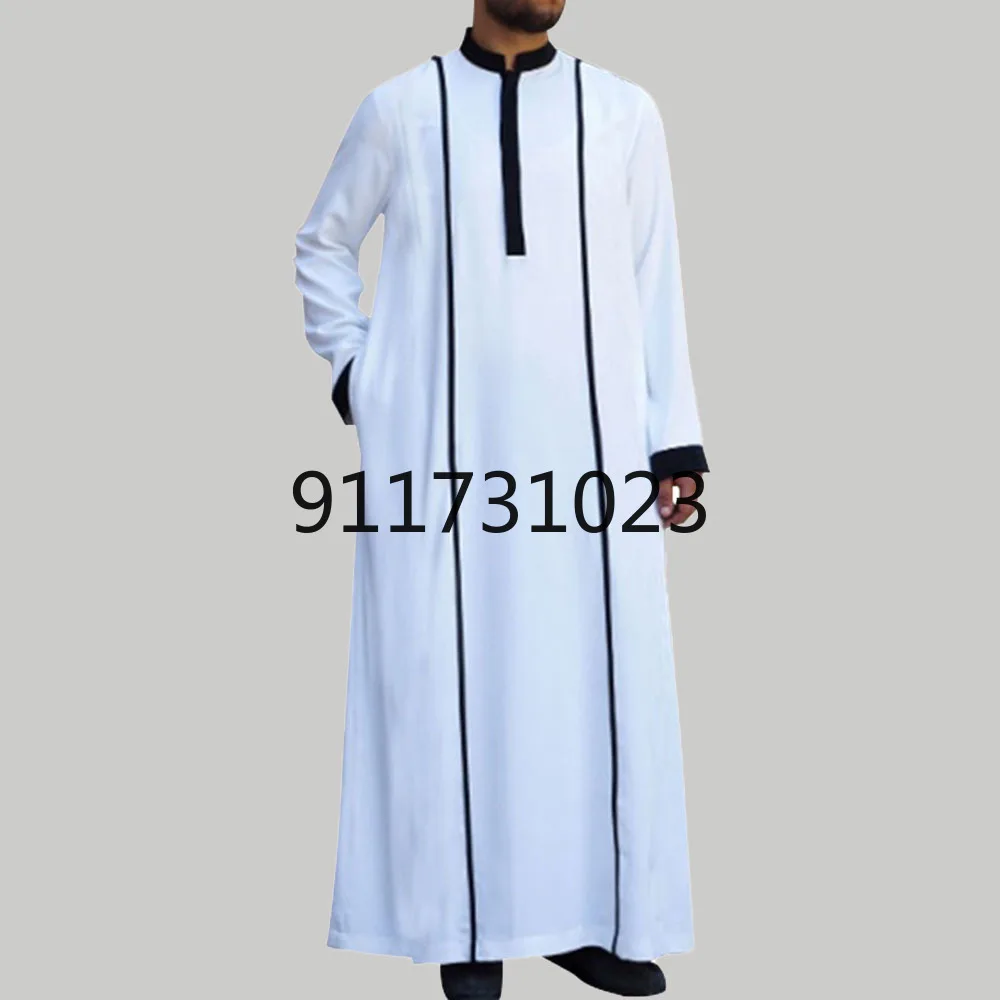 Фото Muslim Men's Fashion Robe Color Contrast Splicing Loose Casual Indie Oversize Simplicity Double Collar Long Sleeve 2021 Summer |