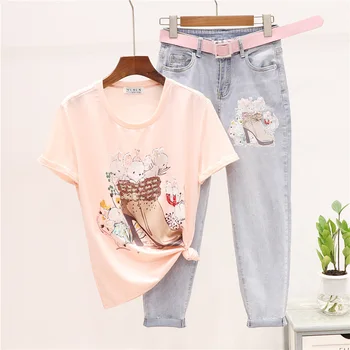 Summer Set Women Beading Cartoon Print Tee shirt + High Waist Denim Pants 2pcs Loose Short sleeve T shirt Jeans Female Outfits
Summer Set Women Beading Cartoon Print Tee shirt + High Waist Denim Pants 2pcs Loose Short sleeve T shirt Jeans Female Outfits