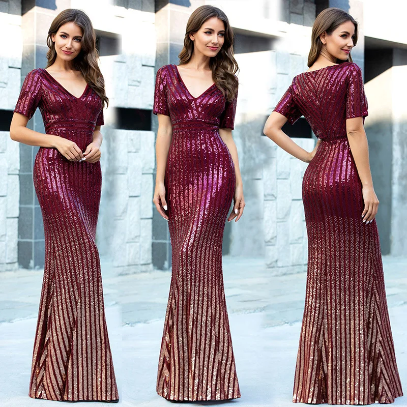 Europe And America Wine Slim Fit Deep-V Elegant Long Sleeve Gradient Sequin Sheath Fishtail Banquet Evening Gown
Europe And America Wine Slim Fit Deep-V Elegant Long Sleeve Gradient Sequin Sheath Fishtail Banquet Evening Gown