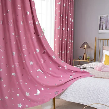 

1 Pc Simple Fashion Window Curtain Charming Silver Stars Moon Punching Curtain Heat Insulation Blackout Curtain -100x250cm (Pink