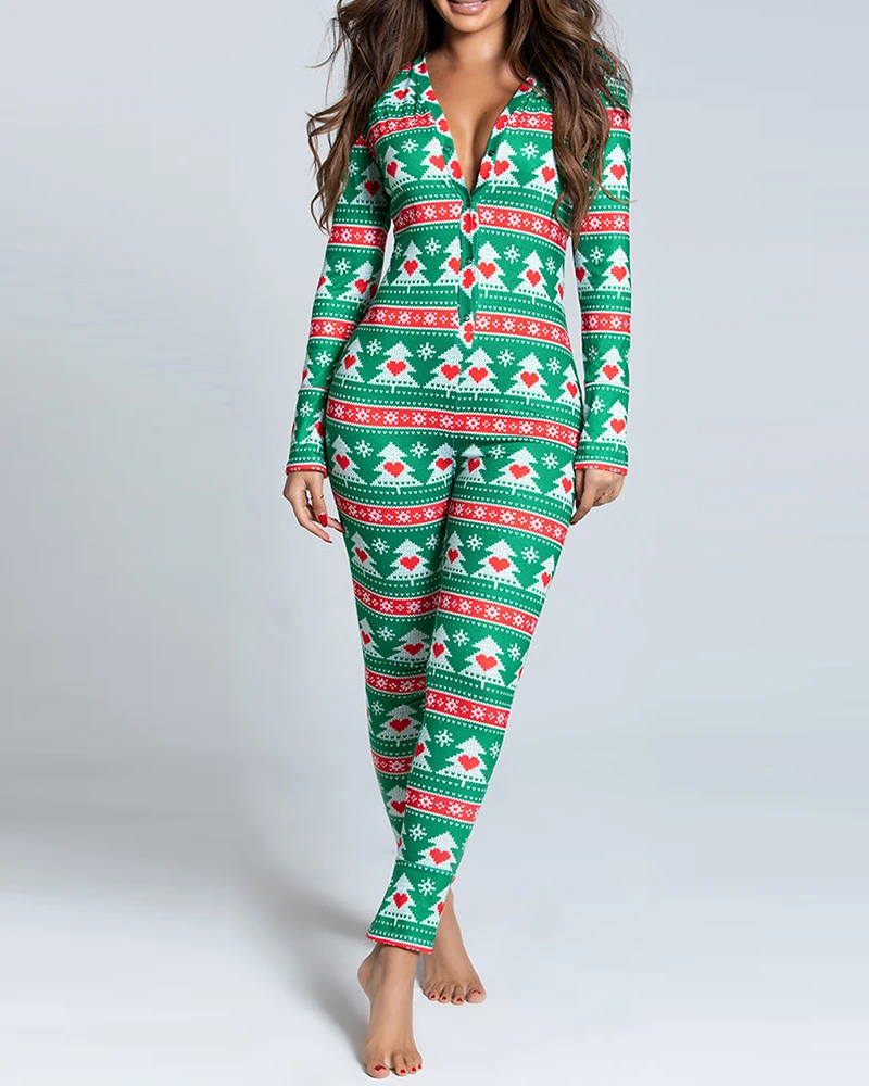 

2020 Winter Ladies Sexy Christmas Tree Print Functional Buttoned Flap Adults Women's Conjoined Pajamas Casual Sleepwear Jumpsuit
