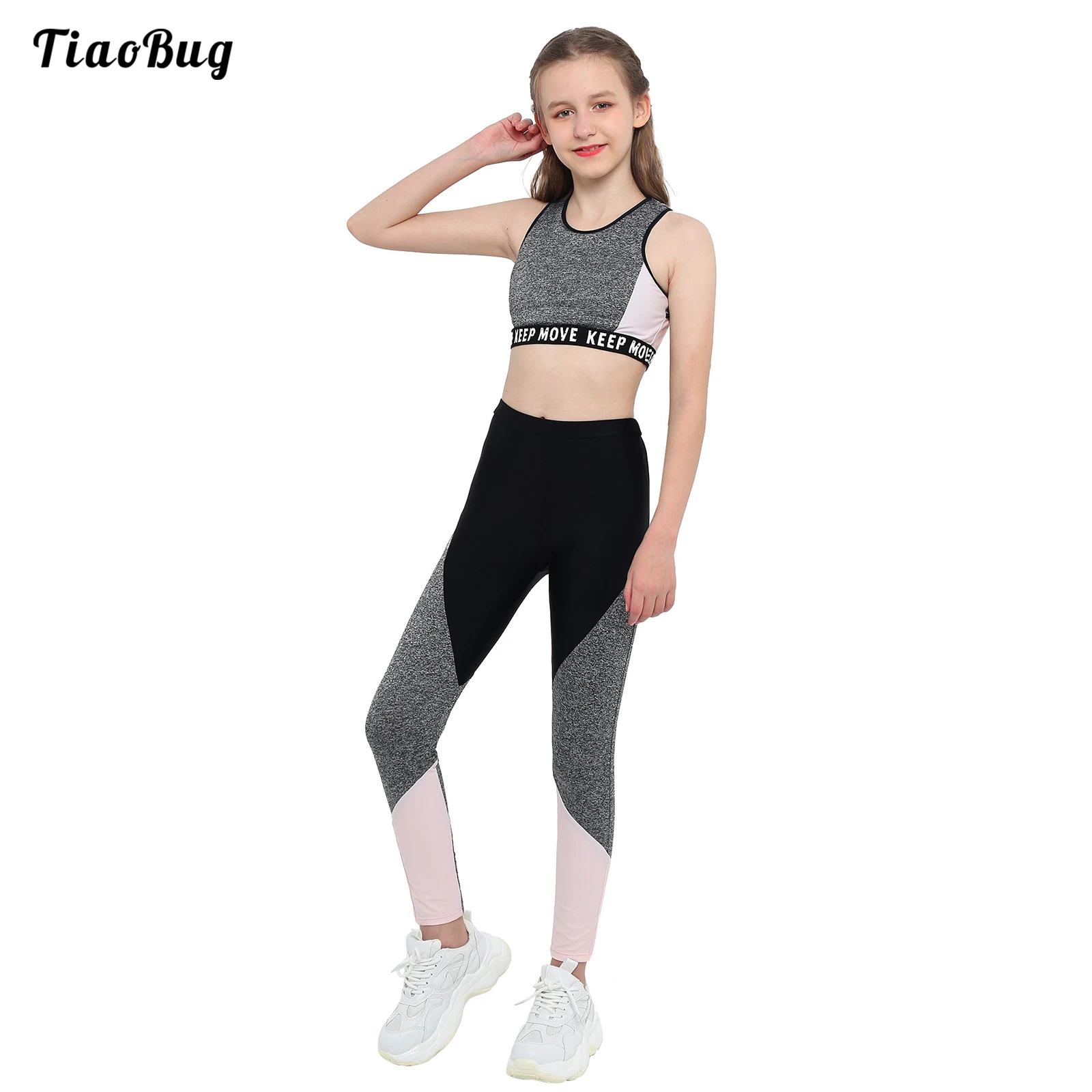 

TiaoBug Summer Kids Girls Workout Running Sports Suit Round Neckline Midriff-Baring Tops+Tight Pants Yoga Fitness Tracksuit