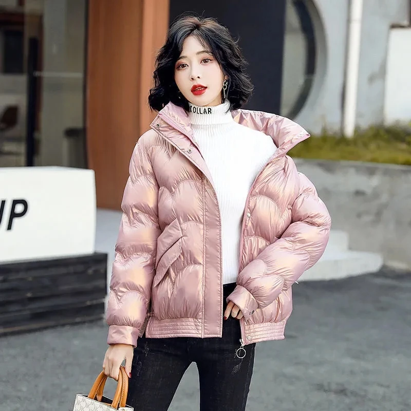 

2021 New Winter Parkas Short Warm Women Jackets Stand Collar Glossy Overcoat Cotton Padded Parka Clothing Female Wadded Coats