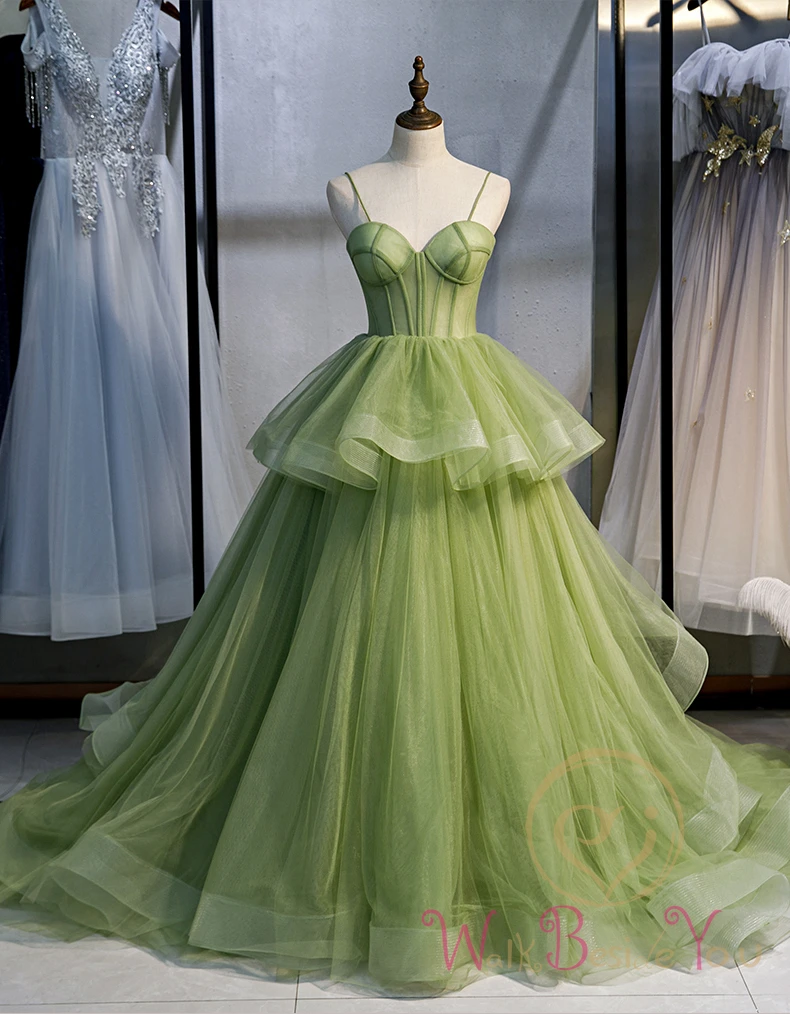 Long Woman Ceremony Dress Prom Fruit Green Ball Gown Tiered Tulle Princess Sweetheart Spaghetti Strap Chapel Train Evening Gown